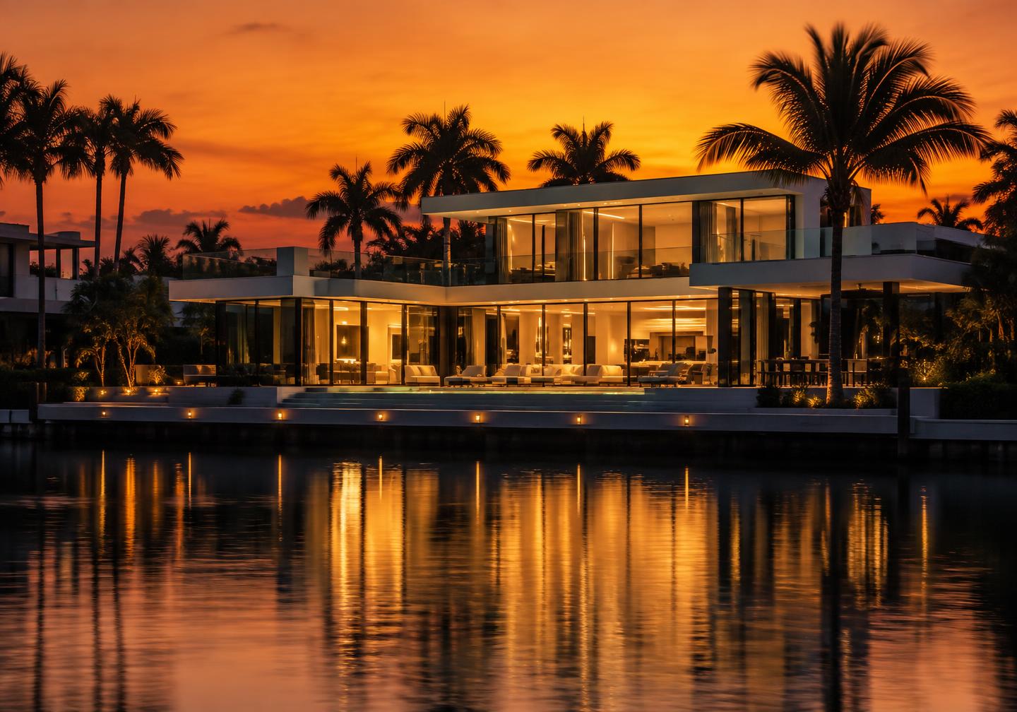 Modernist glass waterfront villa at dusk, Fort Lauderdale